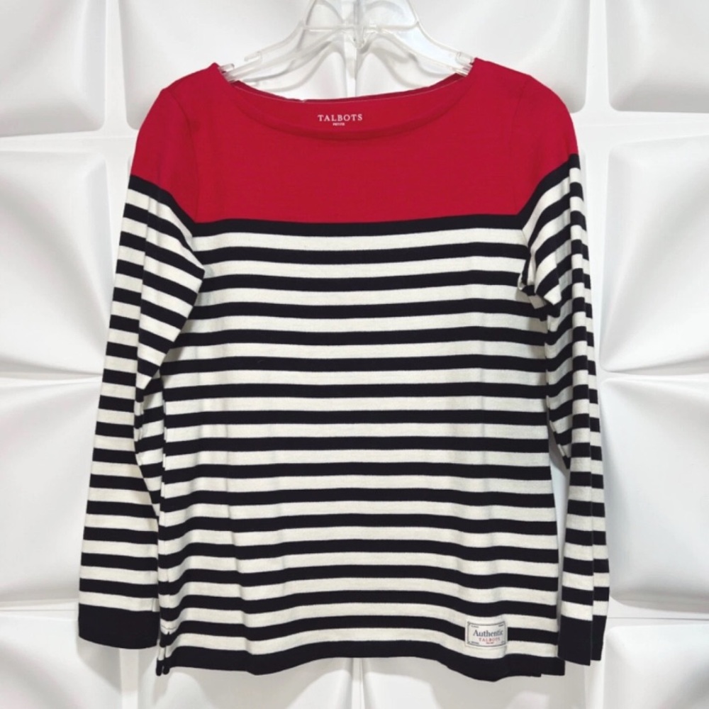 Talbots Plus Size Top 2X Red and Black Striped Long Sleeve Tee